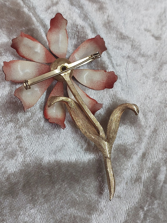 Vintage Red Enamel Daisy Flower Brooch – 1960s Statement Pin