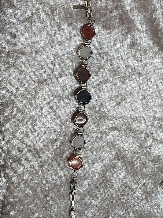 Vintage Multi-Stone Silver Bracelet – Carnelian, Moss Agate & Chalcedony – 1940s–50s European Artisan