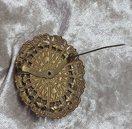 Vintage WEST GERMANY Cameo Brooch – Brass Filigree, 1950s–60s