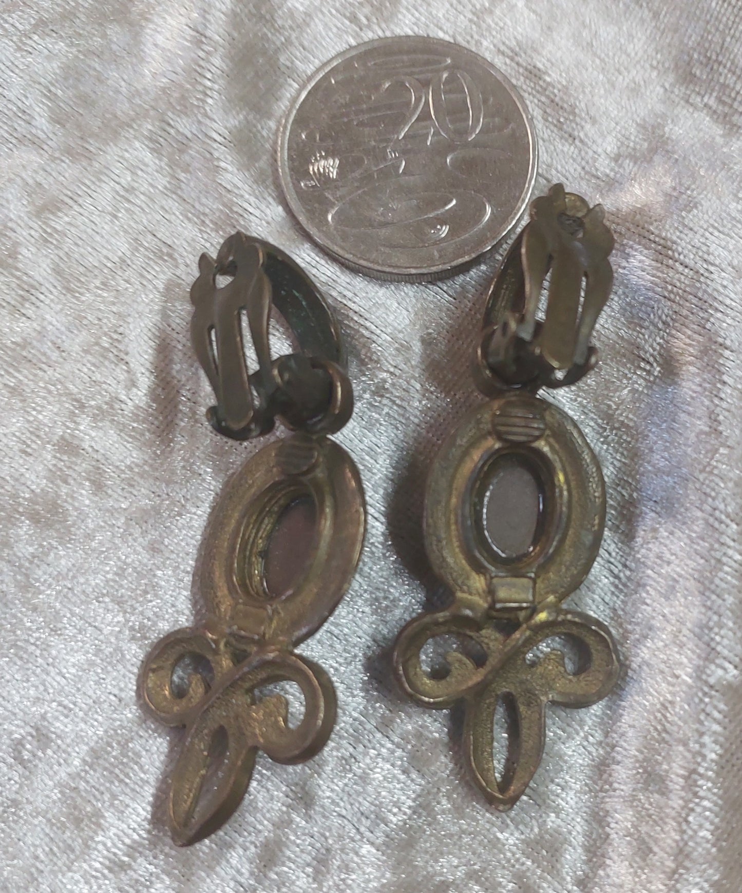Vintage 1970s Bronze Scroll Clip-On Earrings • Iridescent Cabochon • Boho Art Nouveau Revival