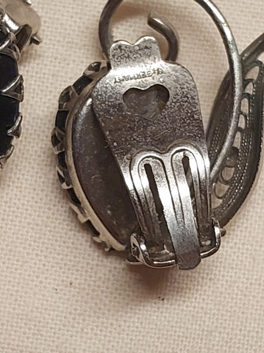 Vintage West Germany Black Glass Clip-On Earrings | 1960s–70s