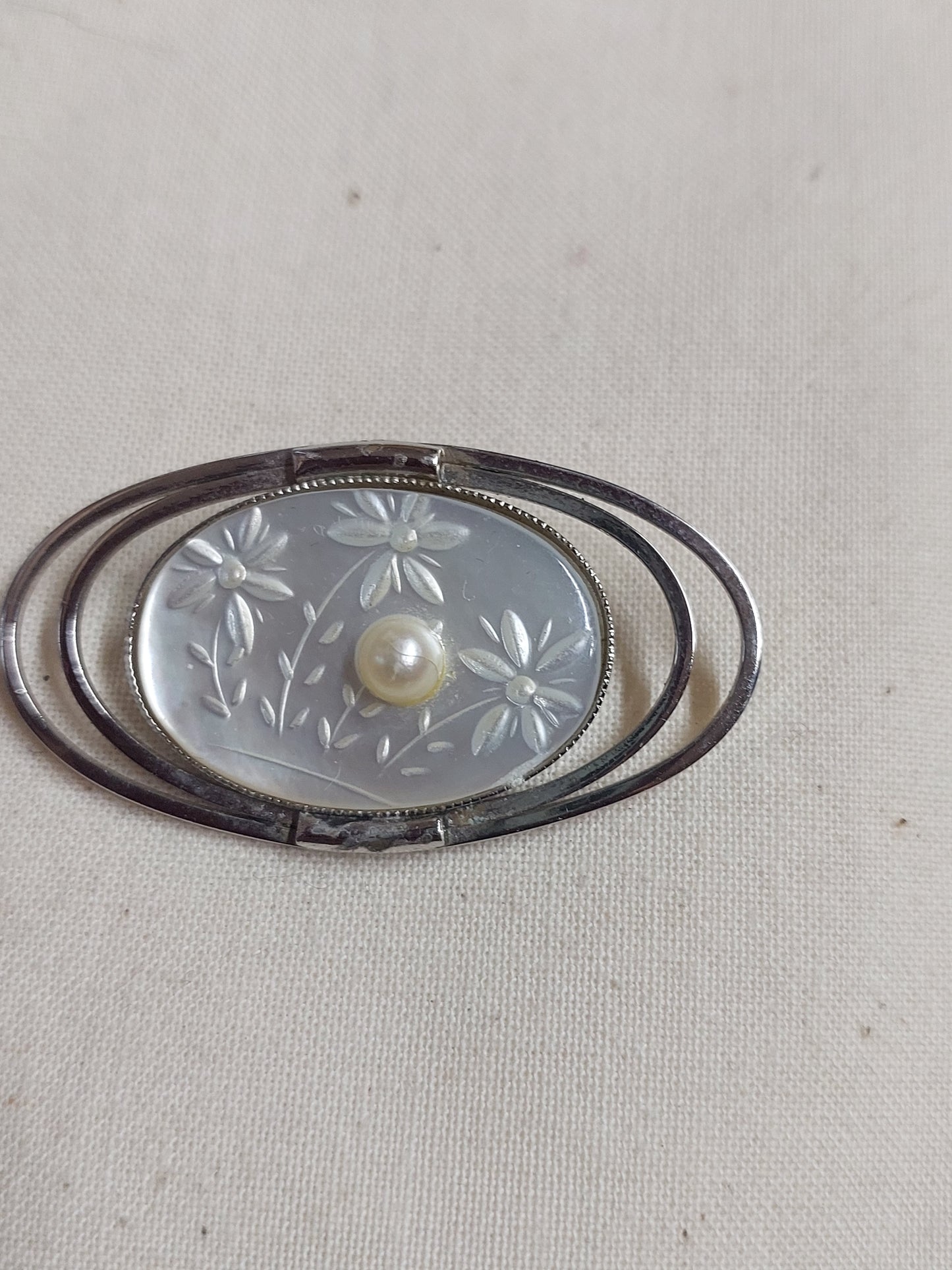 Silver toned Mother of Pearl & Pearl Brooch