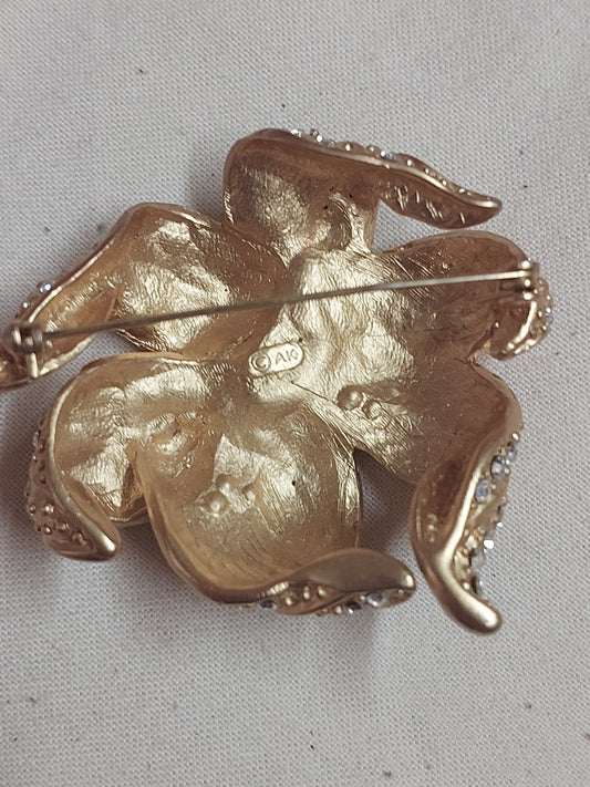 Vintage Anne Klein Rhinestone Flower Brooch – Gold Tone Statement Floral Pin