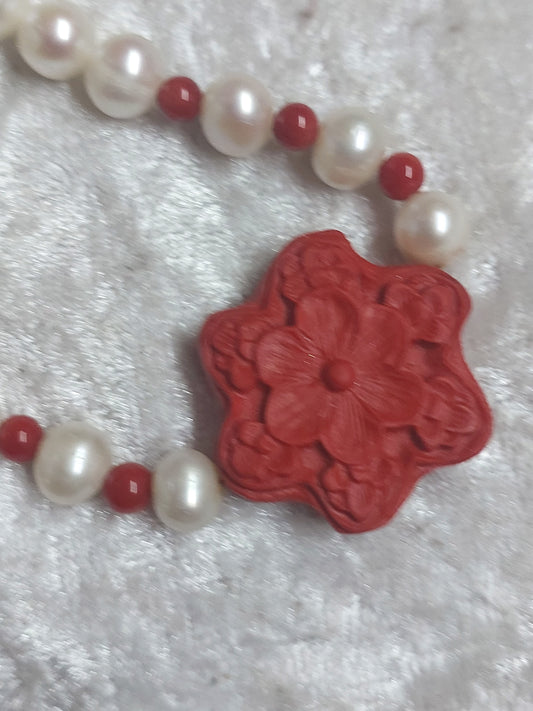 Vintage Freshwater Pearl Necklace with Carved Red Floral Centre | Magnetic Clasp
