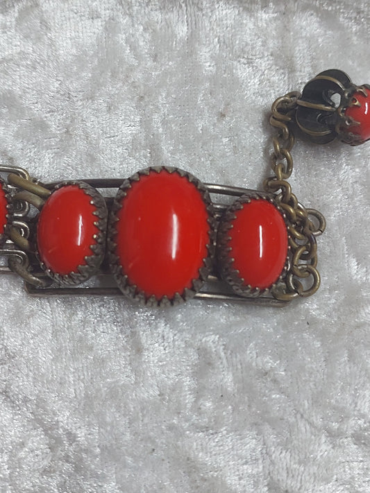 Vintage Red Cabochon Panel Bracelet | Boho Statement | Unmarked Metal