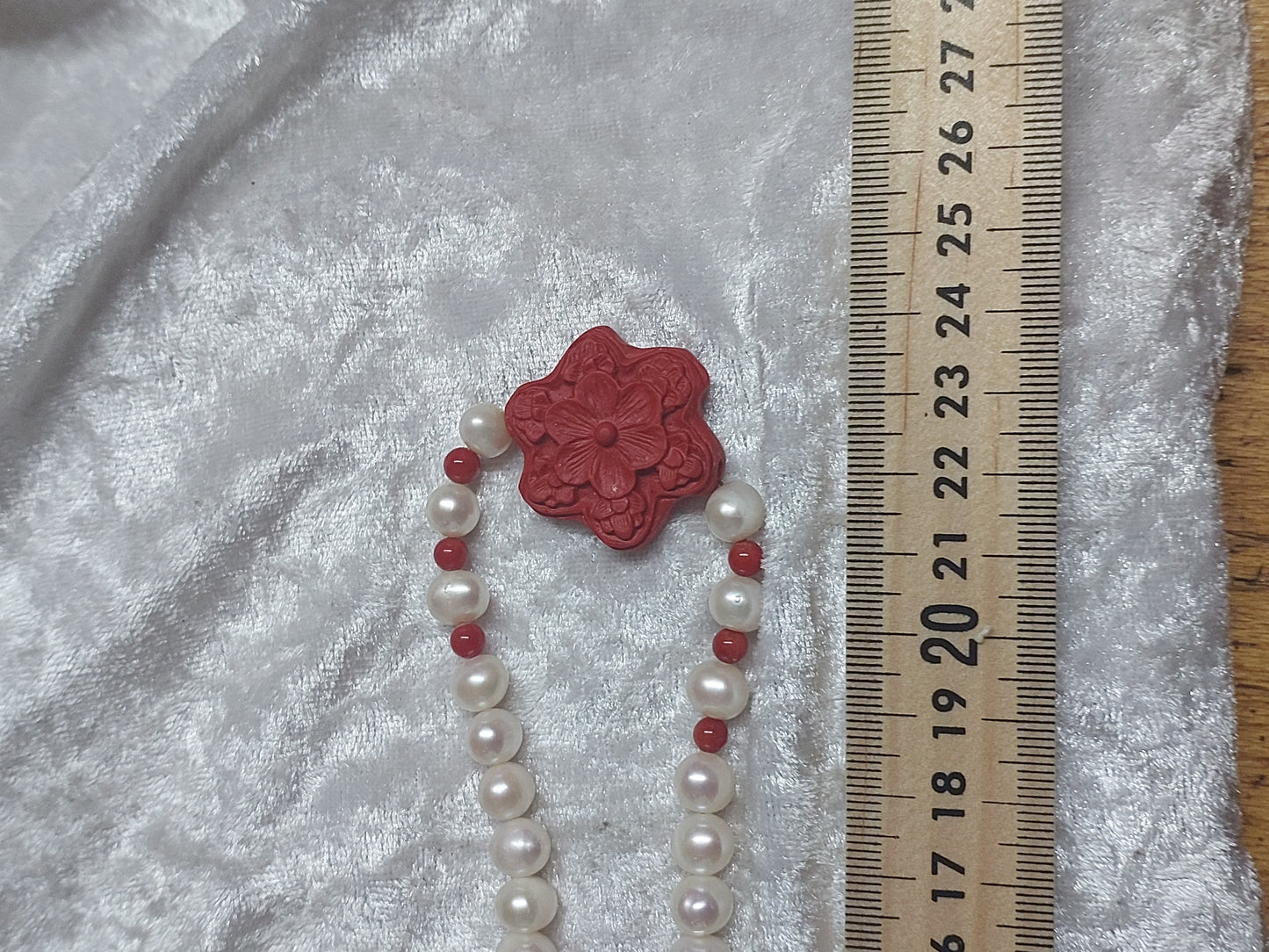 Vintage Freshwater Pearl Necklace with Carved Red Floral Centre | Magnetic Clasp