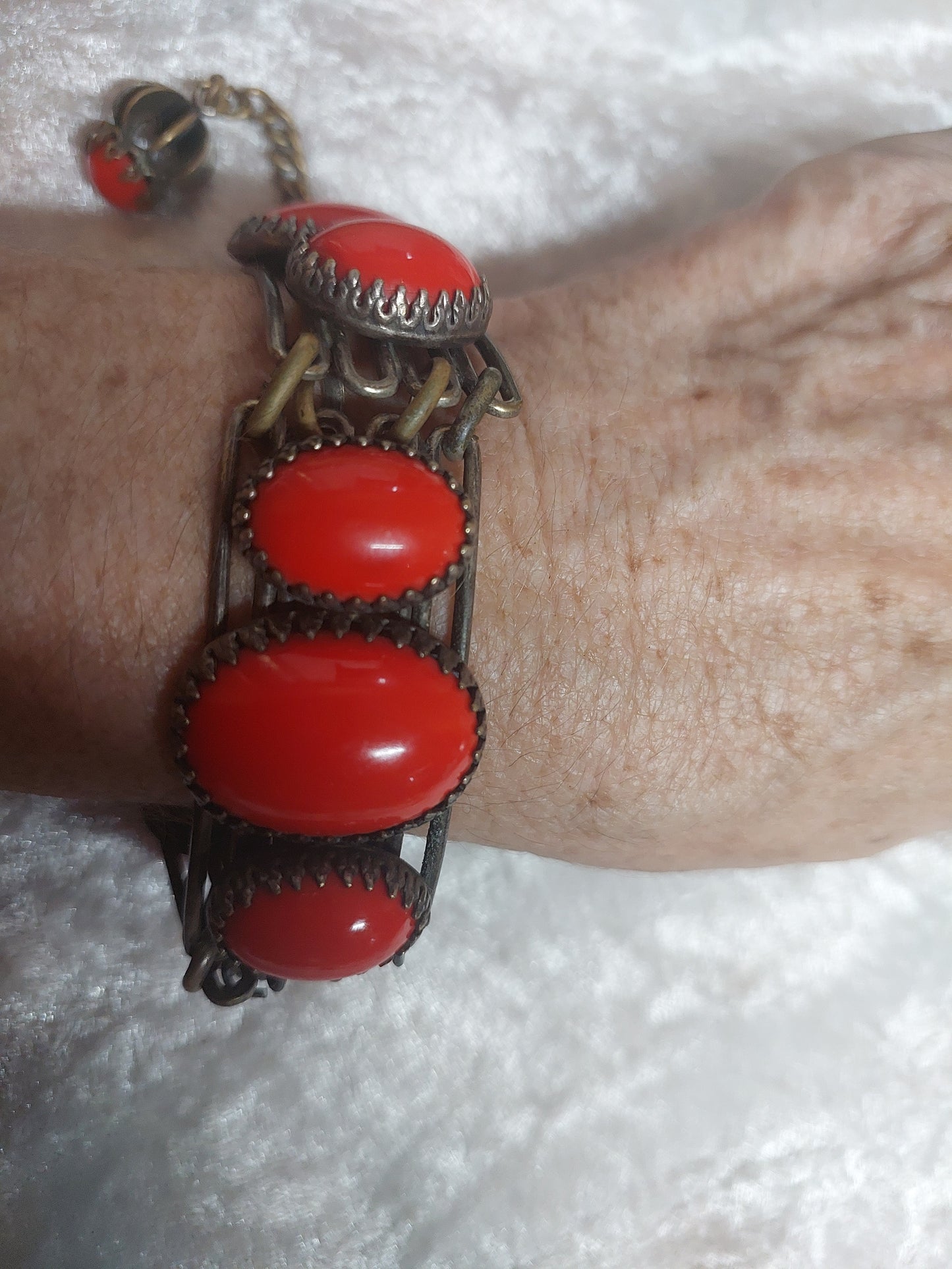 Vintage Red Cabochon Panel Bracelet | Boho Statement | Unmarked Metal
