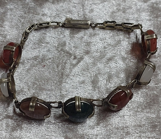 Vintage Multi-Stone Silver Bracelet – Carnelian, Moss Agate & Chalcedony – 1940s–50s European Artisan