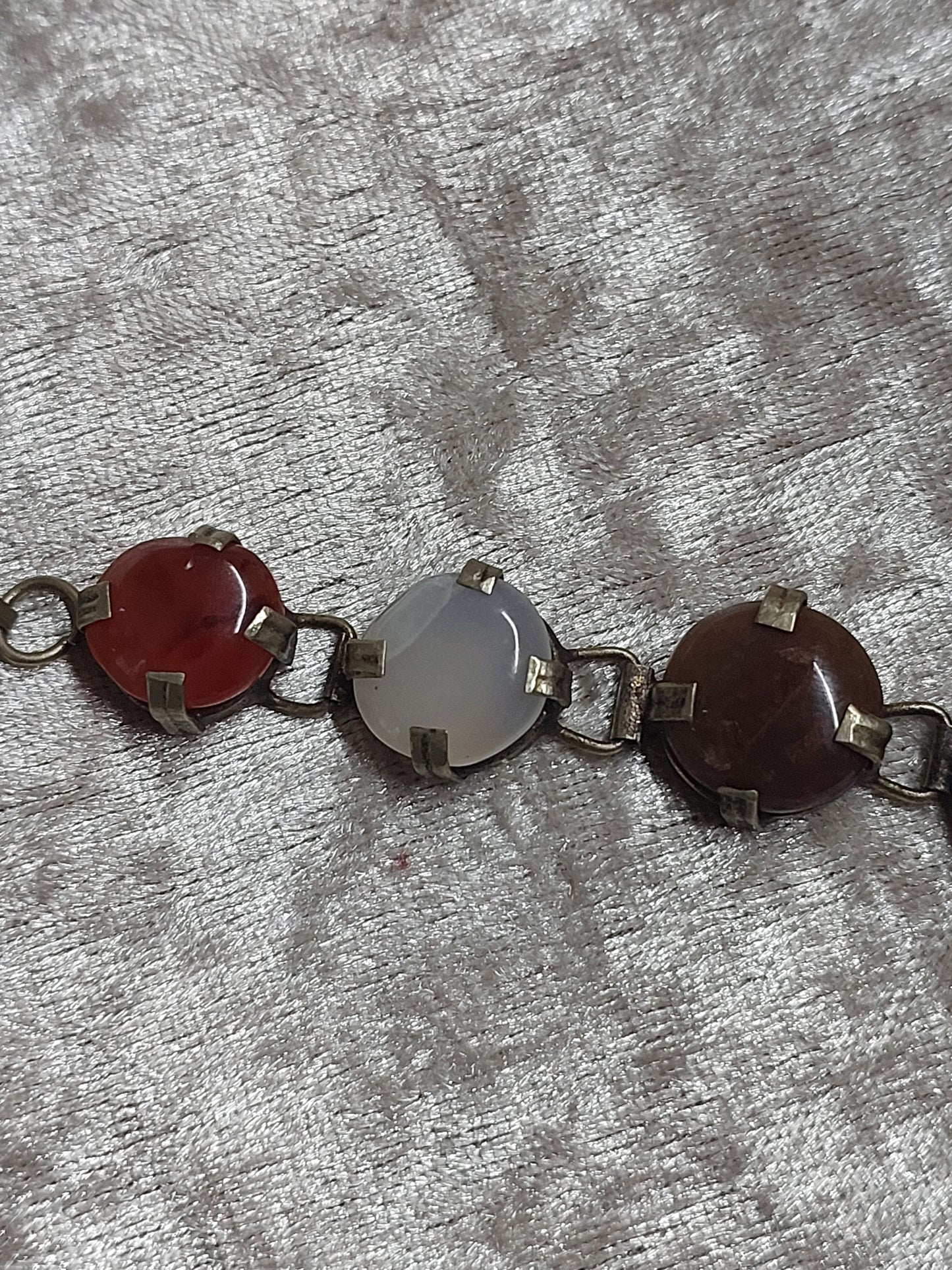 Vintage Multi-Stone Silver Bracelet – Carnelian, Moss Agate & Chalcedony – 1940s–50s European Artisan