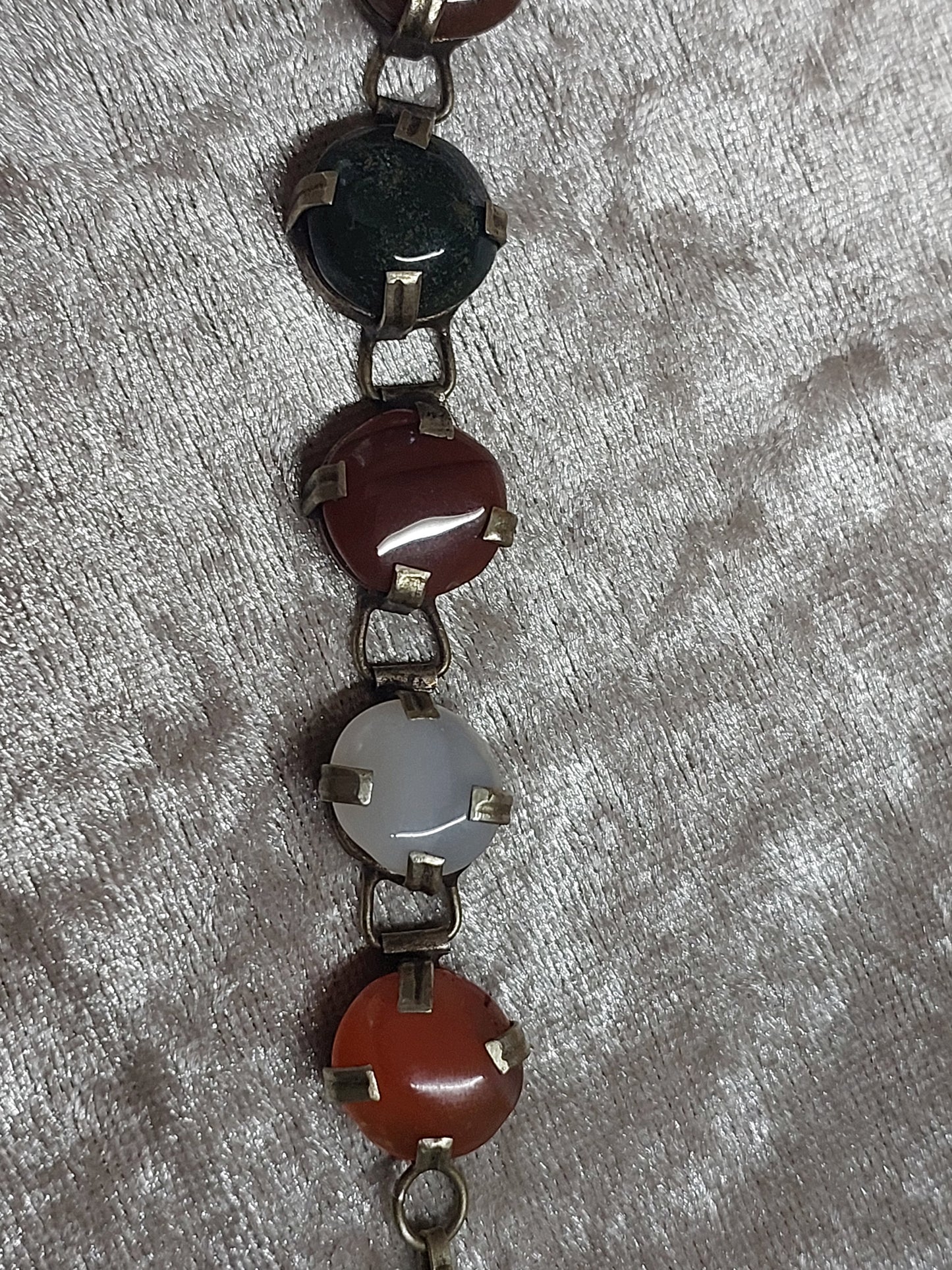 Vintage Multi-Stone Silver Bracelet – Carnelian, Moss Agate & Chalcedony – 1940s–50s European Artisan
