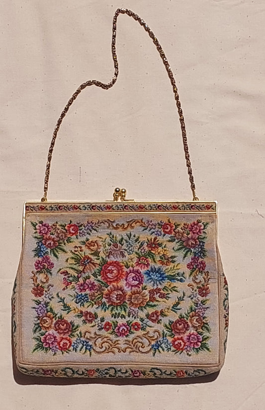 Vintage Floral Needlepoint Handbag – 1960s Style Tapestry Purse