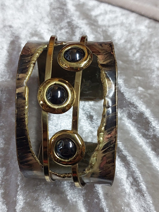 Artisan Brass Cuff Bracelet with Hematite Cabochons