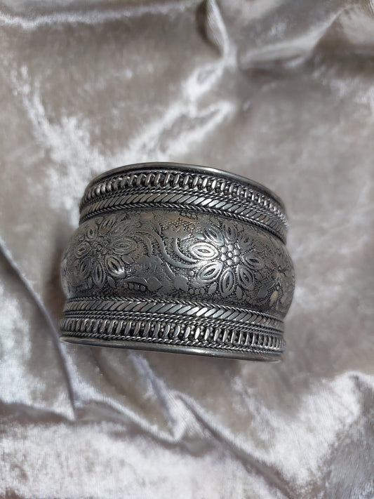 Engraved Boho Silver-Tone Cuff Bracelet