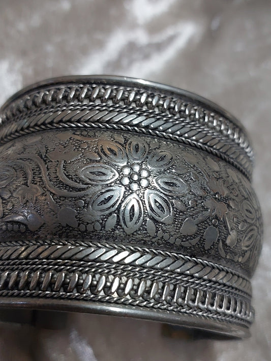 Engraved Boho Silver-Tone Cuff Bracelet