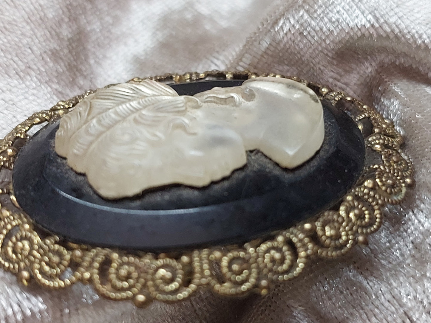 Vintage WEST GERMANY Cameo Brooch – Brass Filigree, 1950s–60s