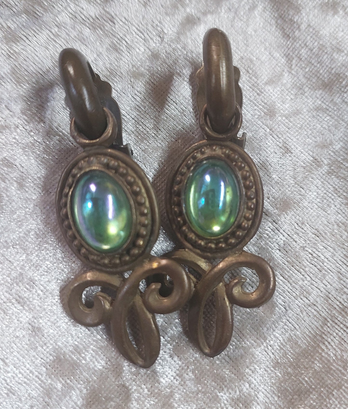 Vintage 1970s Bronze Scroll Clip-On Earrings • Iridescent Cabochon • Boho Art Nouveau Revival