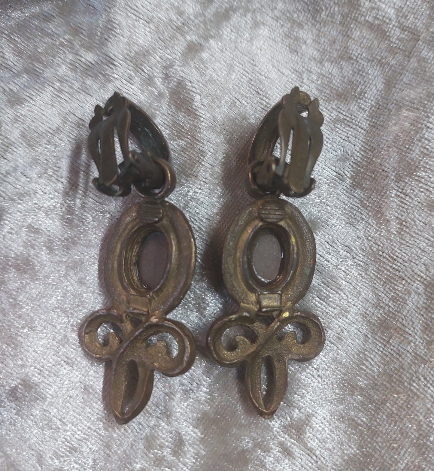 Vintage 1970s Bronze Scroll Clip-On Earrings • Iridescent Cabochon • Boho Art Nouveau Revival