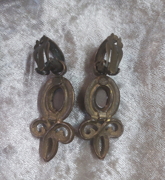 Vintage 1970s Bronze Scroll Clip-On Earrings • Iridescent Cabochon • Boho Art Nouveau Revival