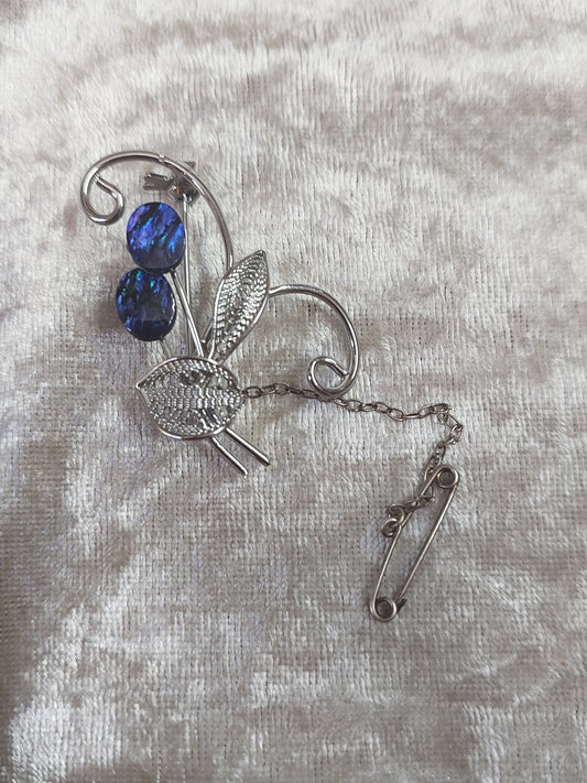Vintage Silver-Tone Filigree Brooch • Blue Opal-Style Glass Flowers • 1960s Floral Pin with Safety Chain