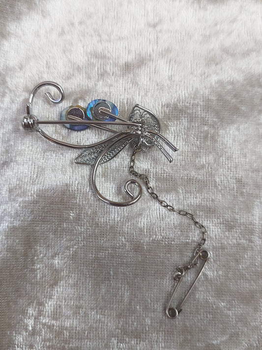 Vintage Silver-Tone Filigree Brooch • Blue Opal-Style Glass Flowers • 1960s Floral Pin with Safety Chain