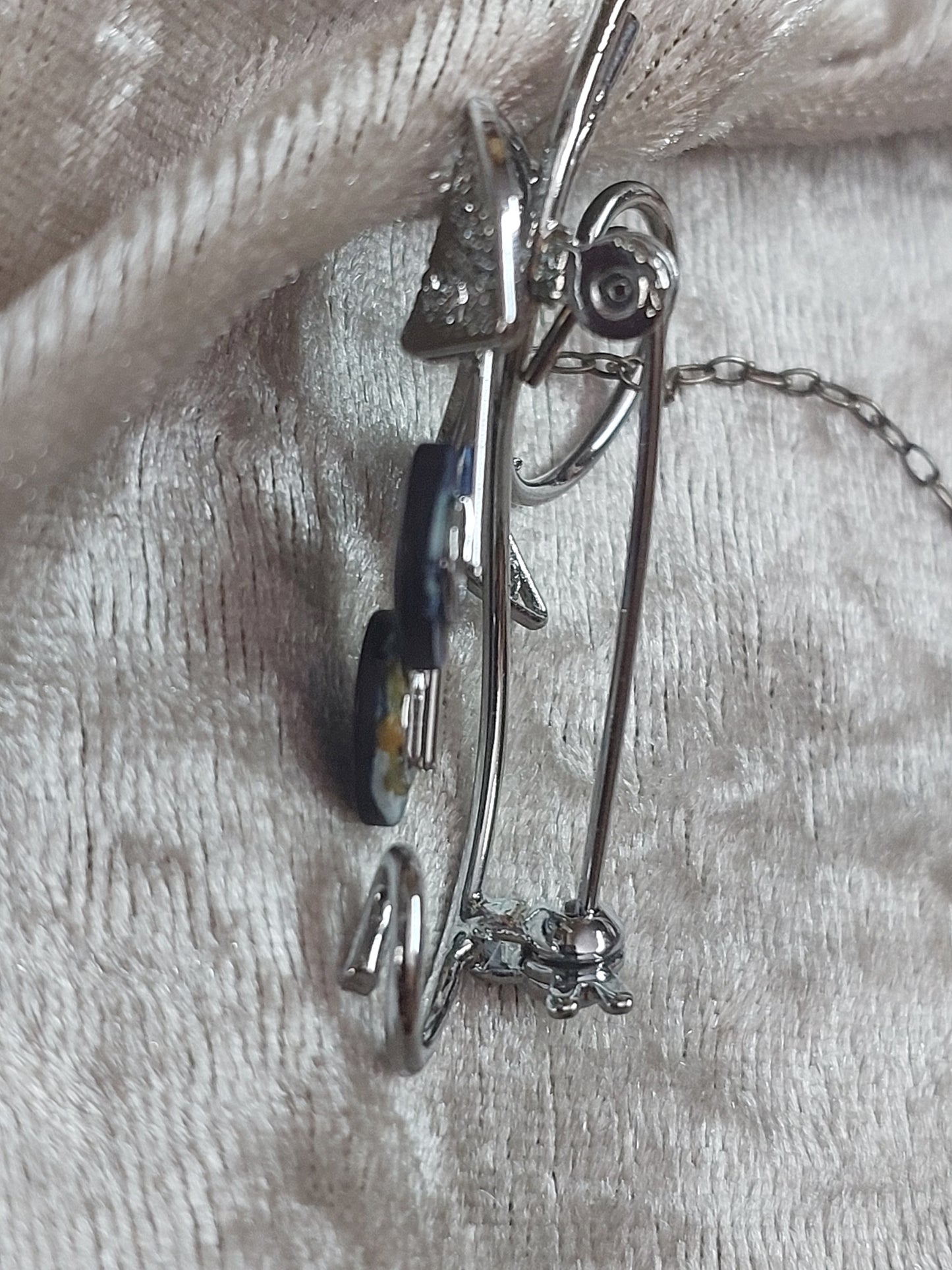 Vintage Silver-Tone Filigree Brooch • Blue Opal-Style Glass Flowers • 1960s Floral Pin with Safety Chain