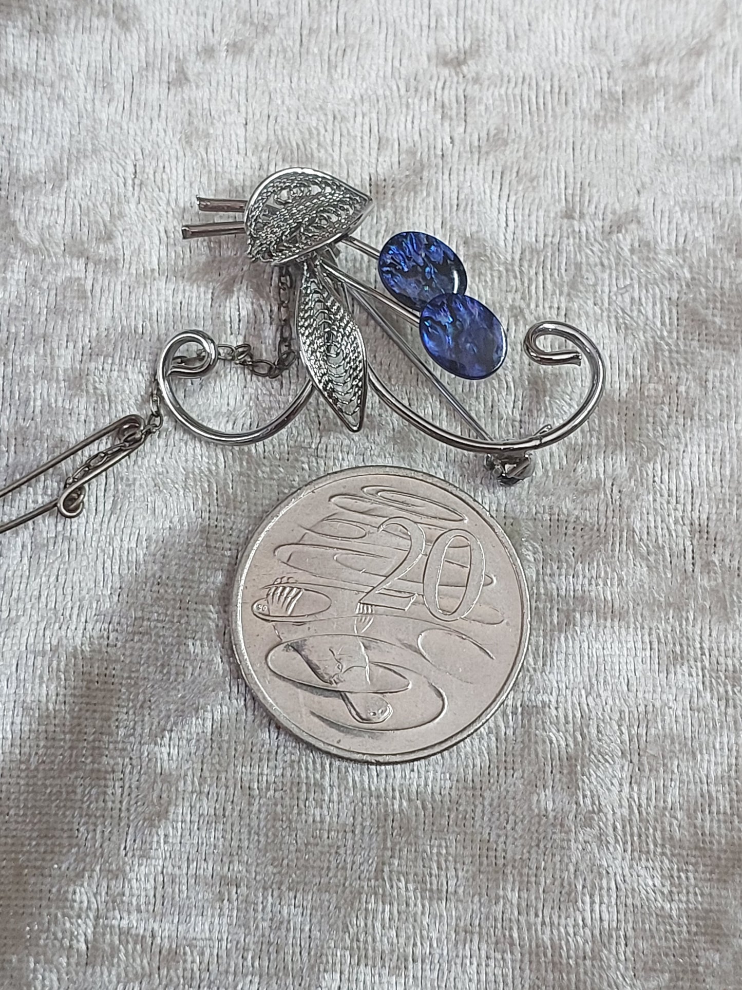 Vintage Silver-Tone Filigree Brooch • Blue Opal-Style Glass Flowers • 1960s Floral Pin with Safety Chain