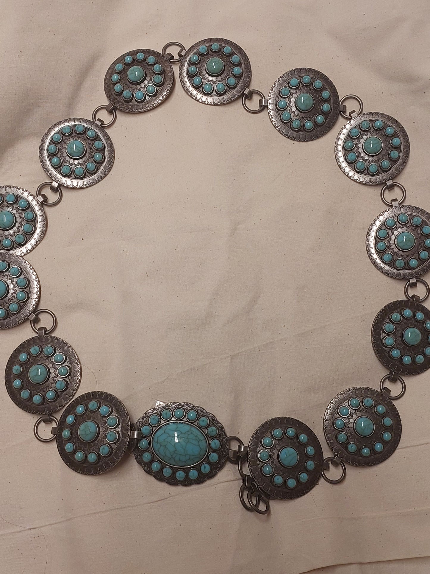 Vintage Style  Faux Turquoise Concho Link Belt – Silver Tone Statement Belt (Size M)