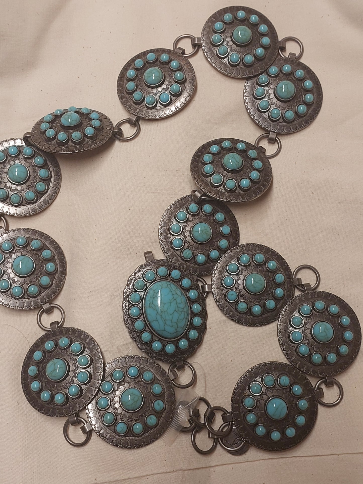 Vintage Style  Faux Turquoise Concho Link Belt – Silver Tone Statement Belt (Size M)