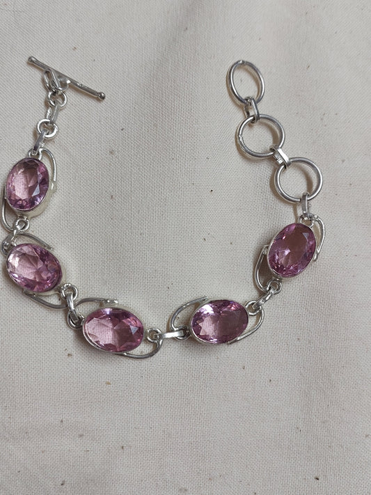 Pink Faceted Crystal Bracelet • Silver-Tone Link Design • Adjustable Toggle Clasp