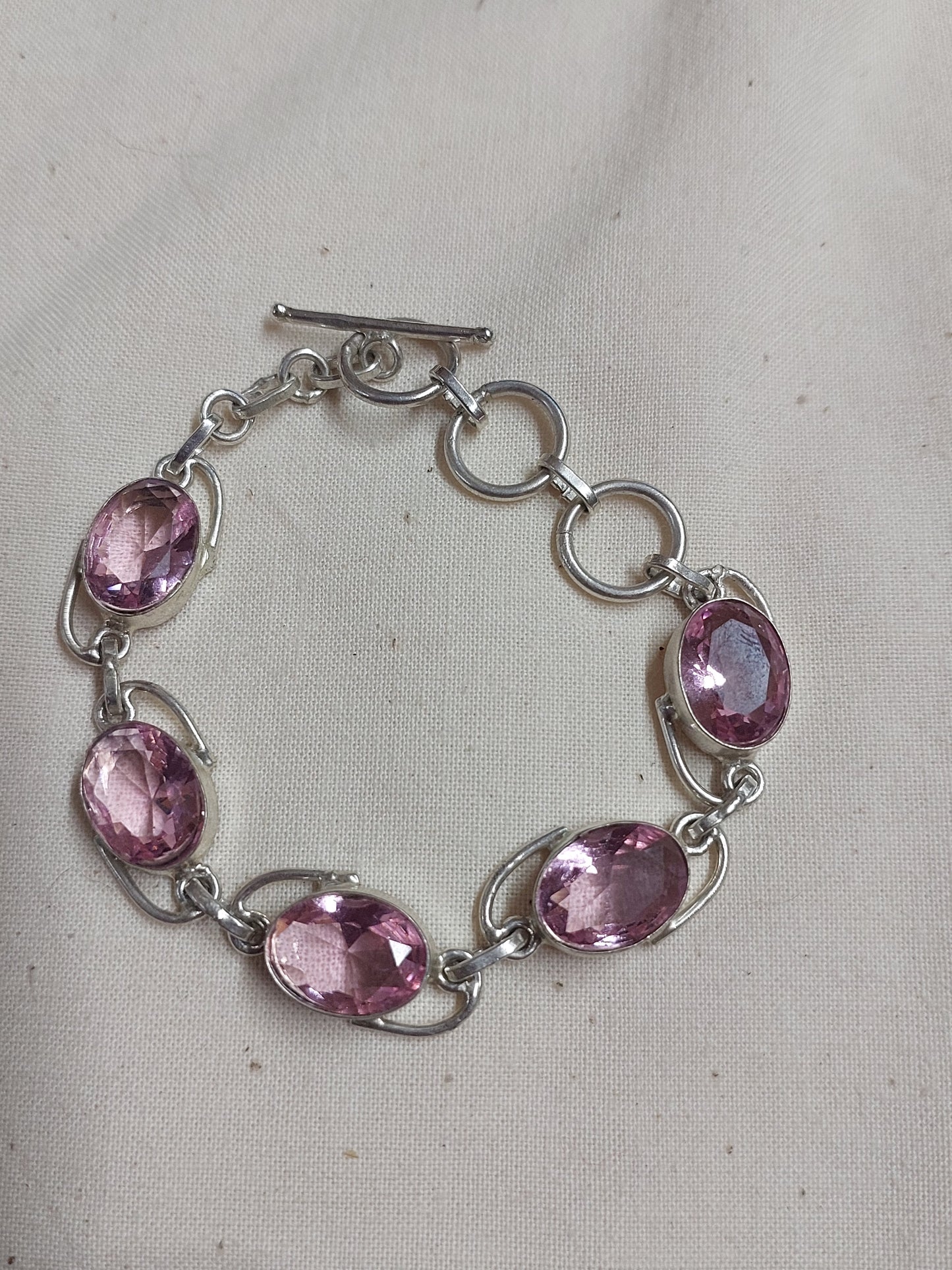 Pink Faceted Crystal Bracelet • Silver-Tone Link Design • Adjustable Toggle Clasp