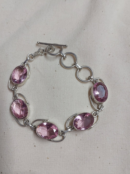 Pink Faceted Crystal Bracelet • Silver-Tone Link Design • Adjustable Toggle Clasp
