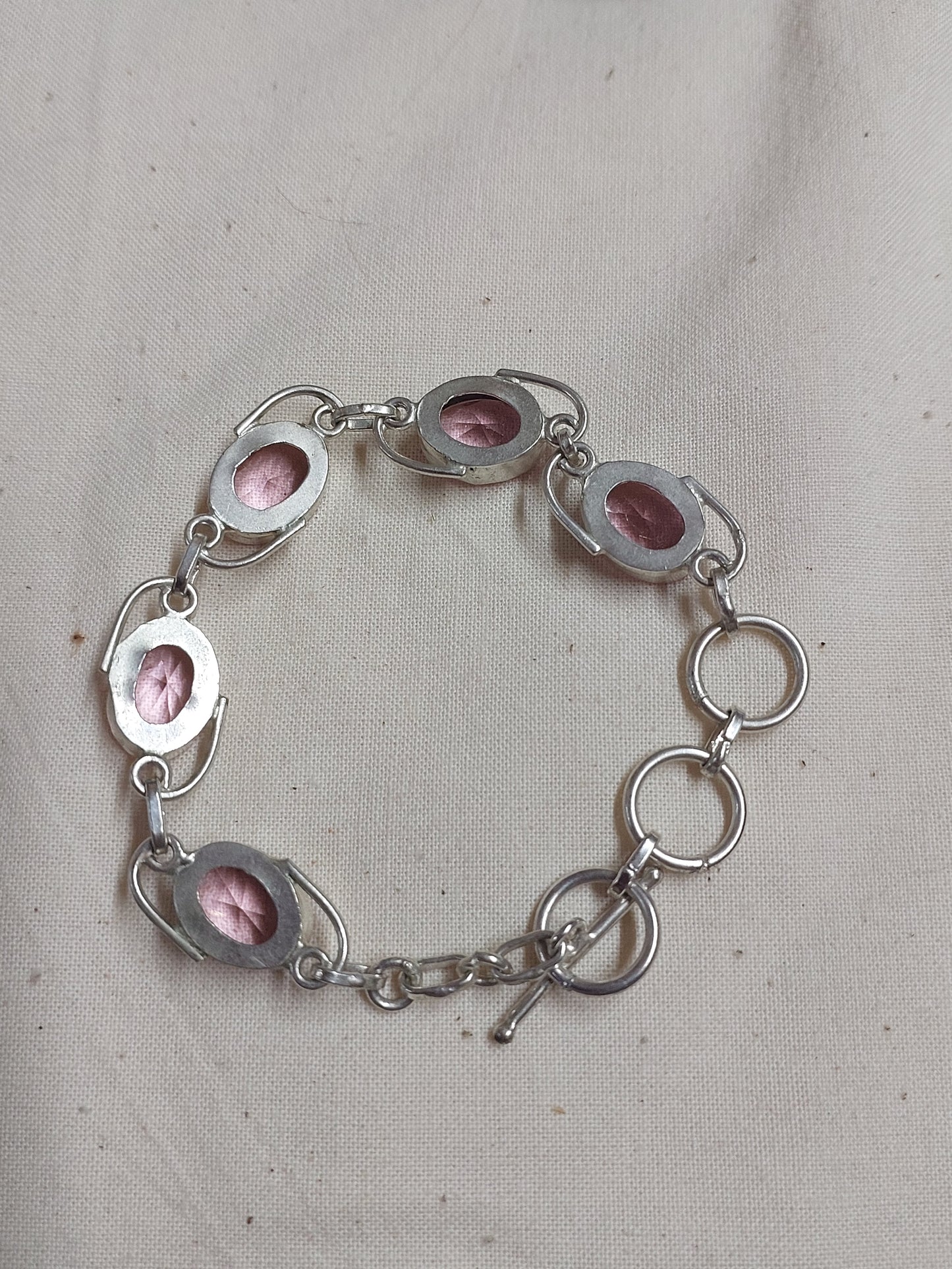 Pink Faceted Crystal Bracelet • Silver-Tone Link Design • Adjustable Toggle Clasp