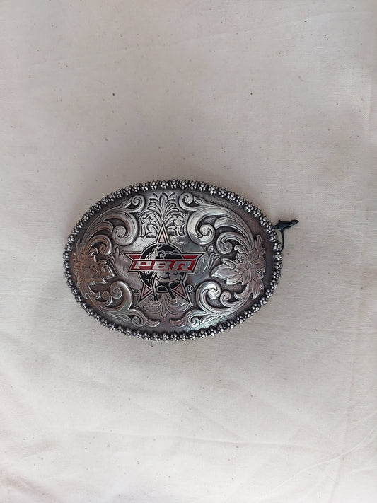 PBR Professional Bull Riders Oval Western Belt Buckle | Floral Engraved Silver Tone