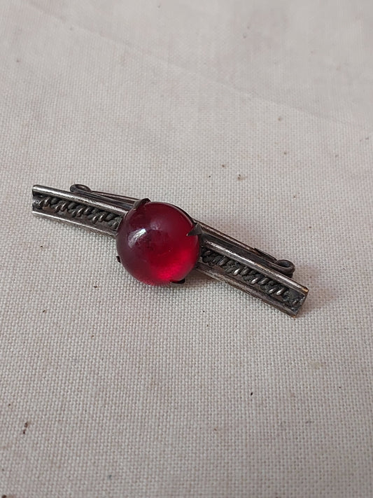 Antique Sterling Silver Bar Brooch with Red Glass Cabochon | Edwardian Era