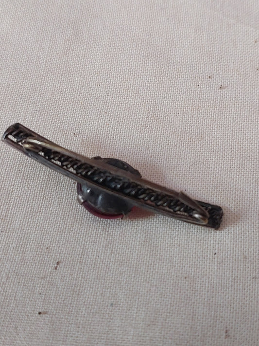 Antique Sterling Silver Bar Brooch with Red Glass Cabochon | Edwardian Era