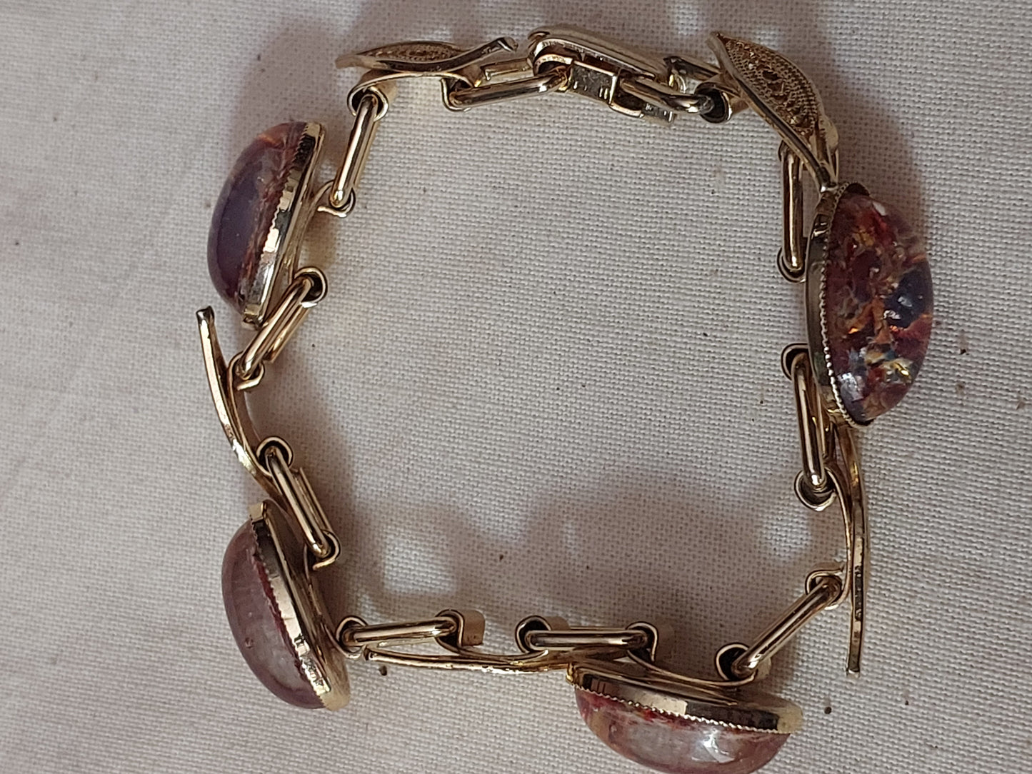 Vintage Gold Tone Foil Glass Cabochon Bracelet | Leaf Link Design | Mid-Century Style