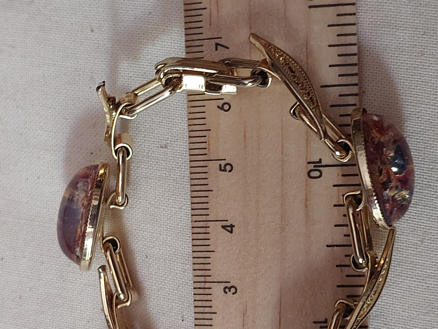 Vintage Gold Tone Foil Glass Cabochon Bracelet | Leaf Link Design | Mid-Century Style