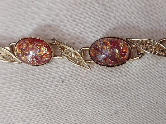 Vintage Gold Tone Foil Glass Cabochon Bracelet | Leaf Link Design | Mid-Century Style