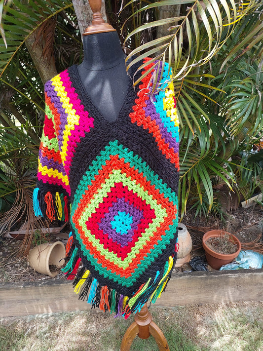 Handmade Crochet Poncho – Rainbow Festival Fringe