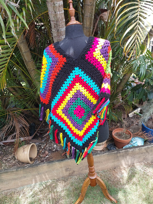 Handmade Crochet Poncho – Rainbow Festival Fringe