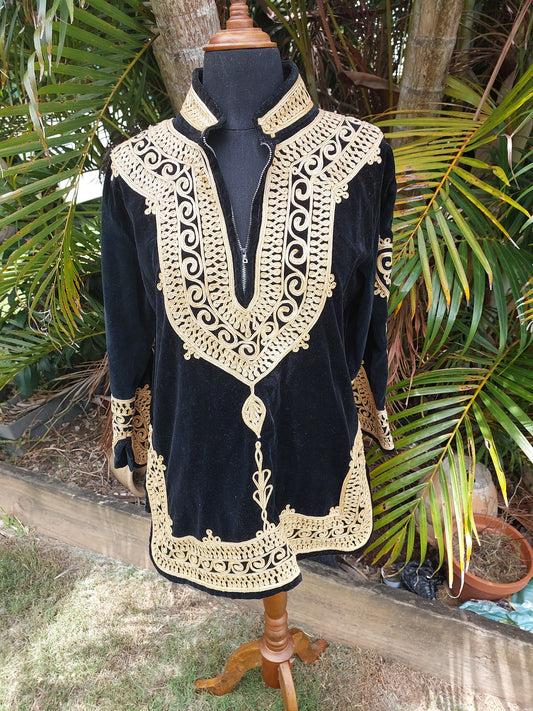 Vintage Black Velvet Embroidered Tunic Top – Gold Detail | Size 8–10