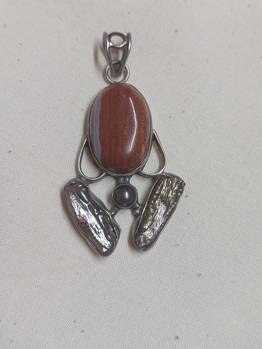 Artisan Mixed-Metal Pendant – Agate, Pearl & Abalone Boho Statement Piece