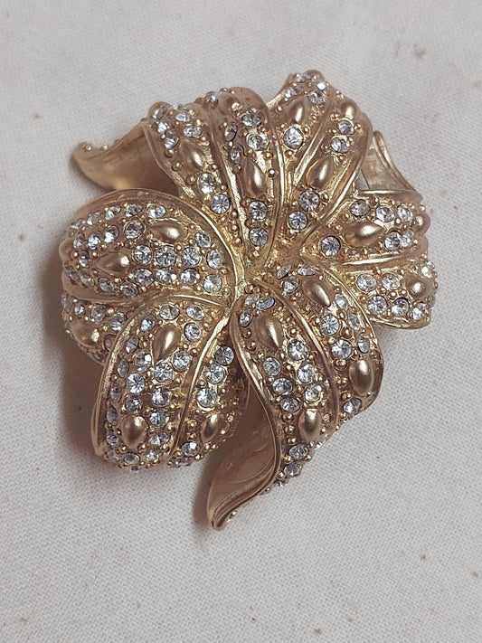 Vintage Anne Klein Rhinestone Flower Brooch – Gold Tone Statement Floral Pin