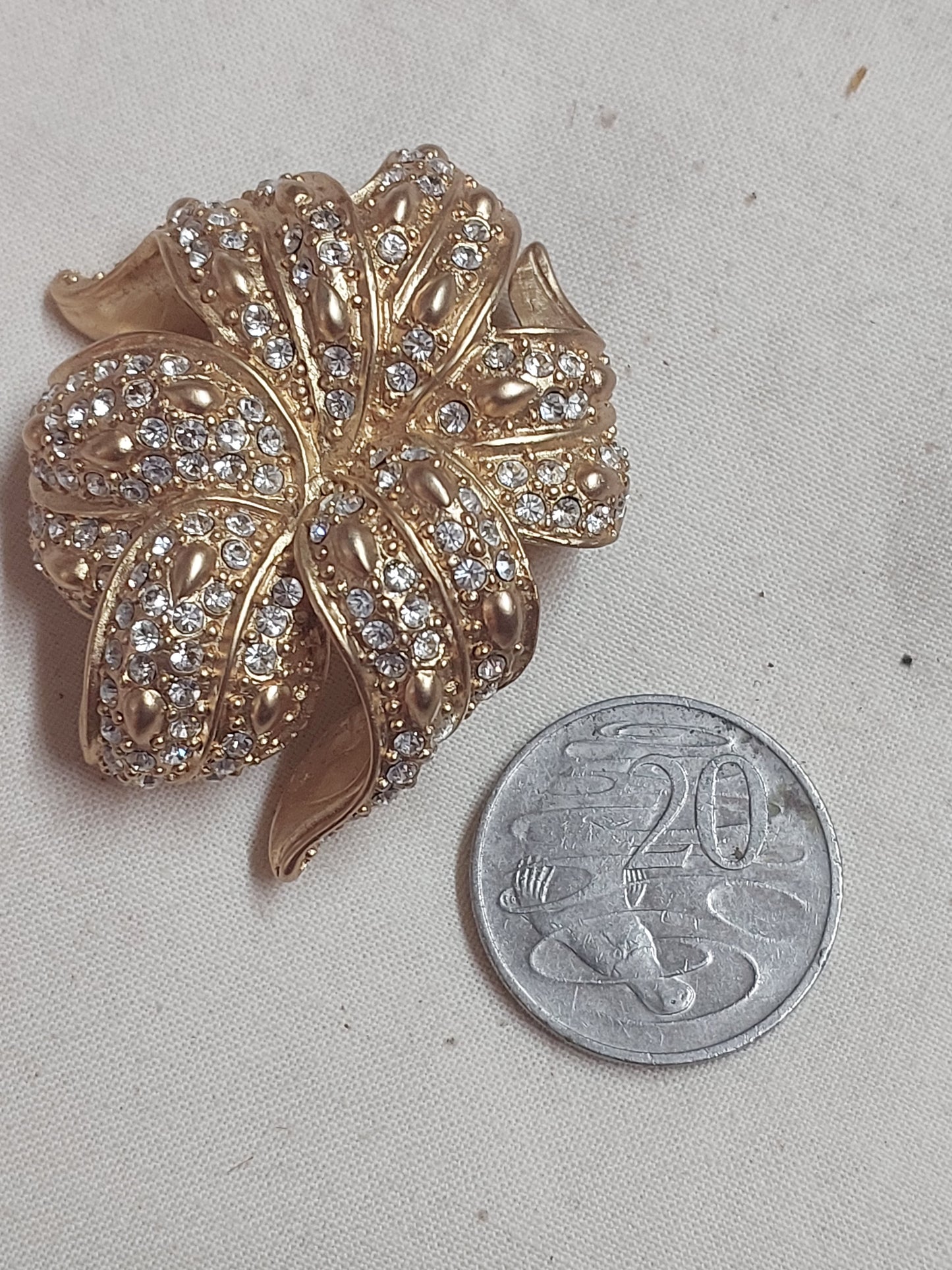 Vintage Anne Klein Rhinestone Flower Brooch – Gold Tone Statement Floral Pin