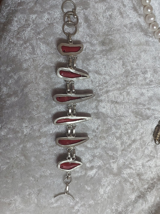 Vintage 925 Sterling Silver Red Inlay Panel Bracelet | Boho Statement