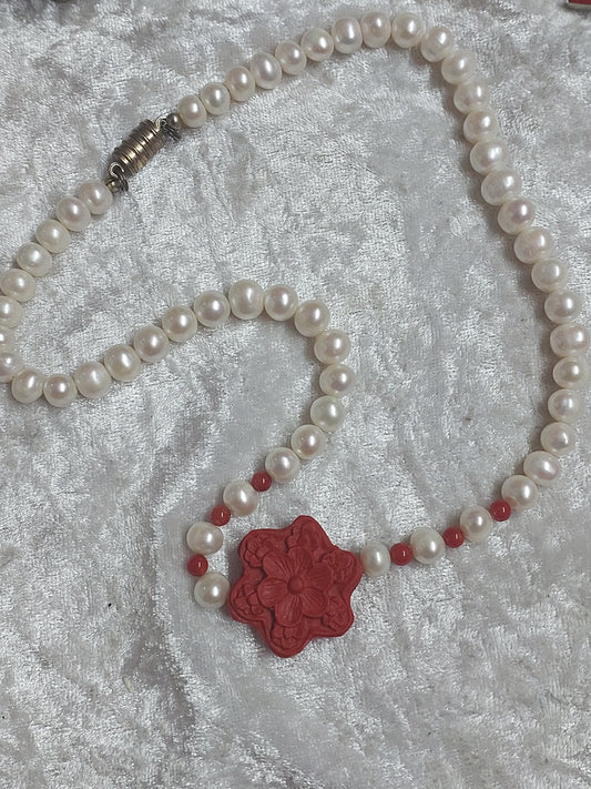 Vintage Freshwater Pearl Necklace with Carved Red Floral Centre | Magnetic Clasp