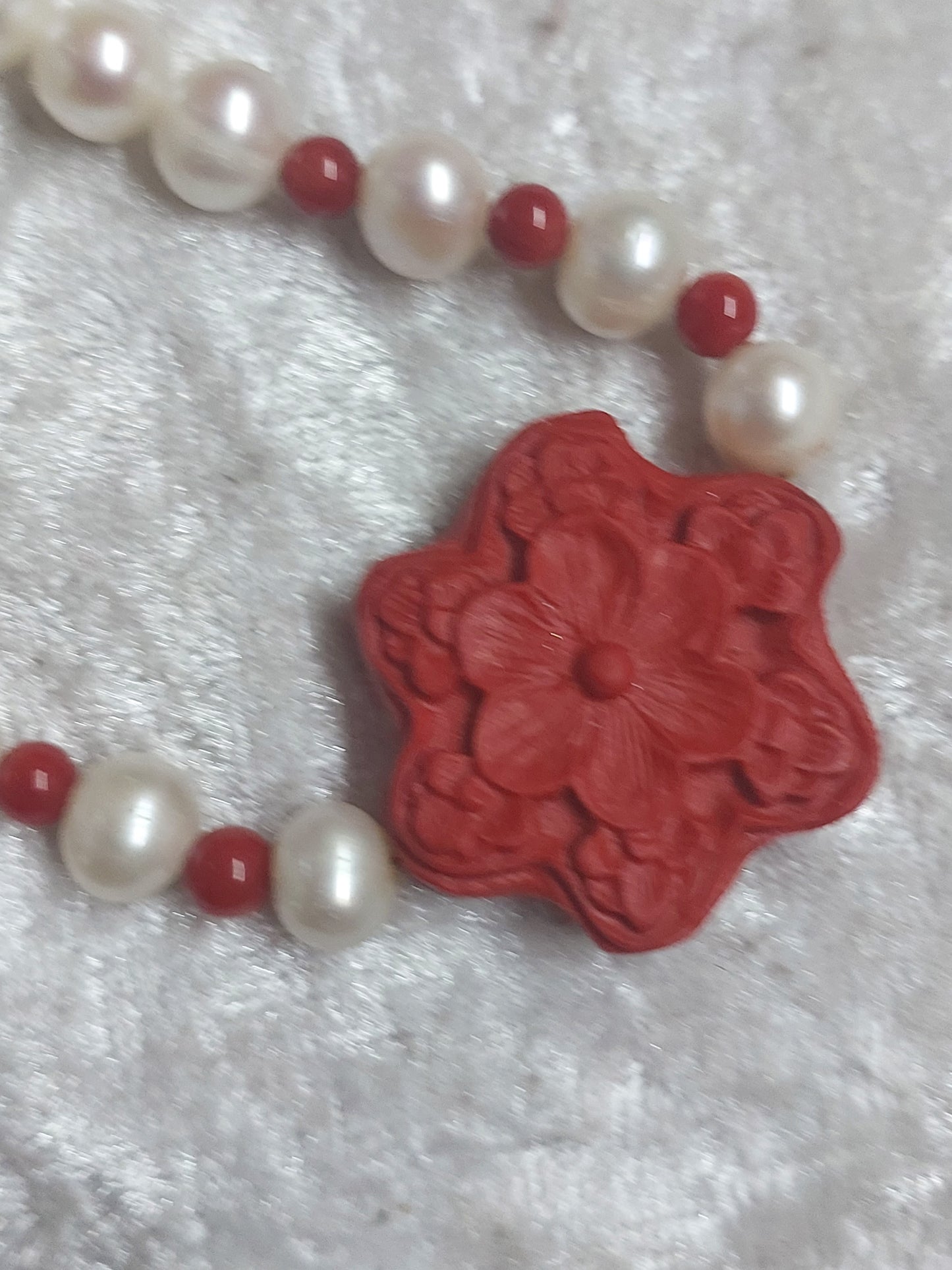 Vintage Freshwater Pearl Necklace with Carved Red Floral Centre | Magnetic Clasp