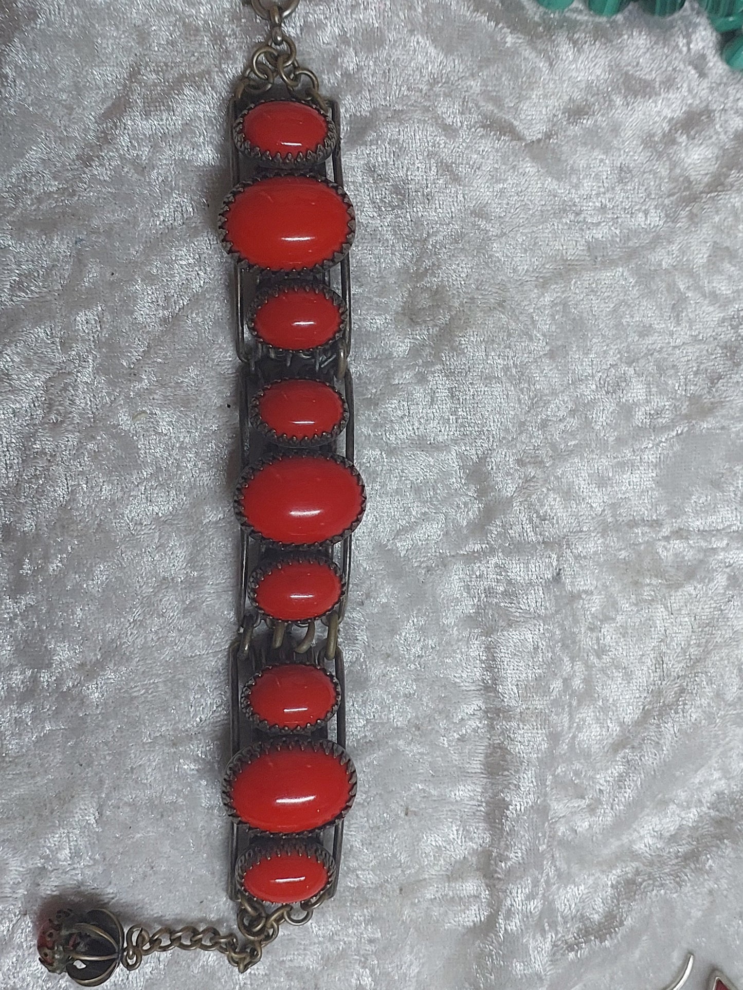 Vintage Red Cabochon Panel Bracelet | Boho Statement | Unmarked Metal