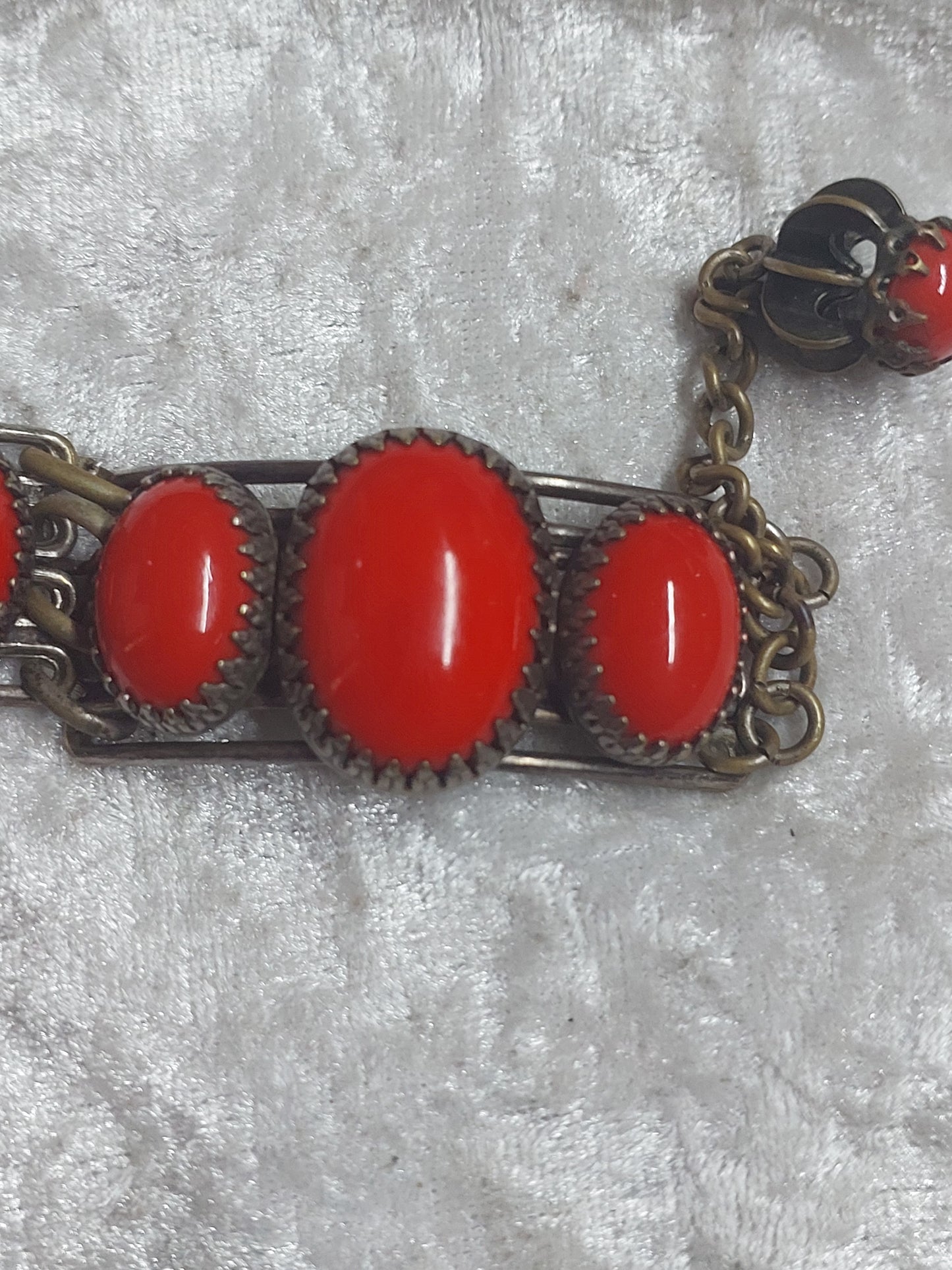 Vintage Red Cabochon Panel Bracelet | Boho Statement | Unmarked Metal