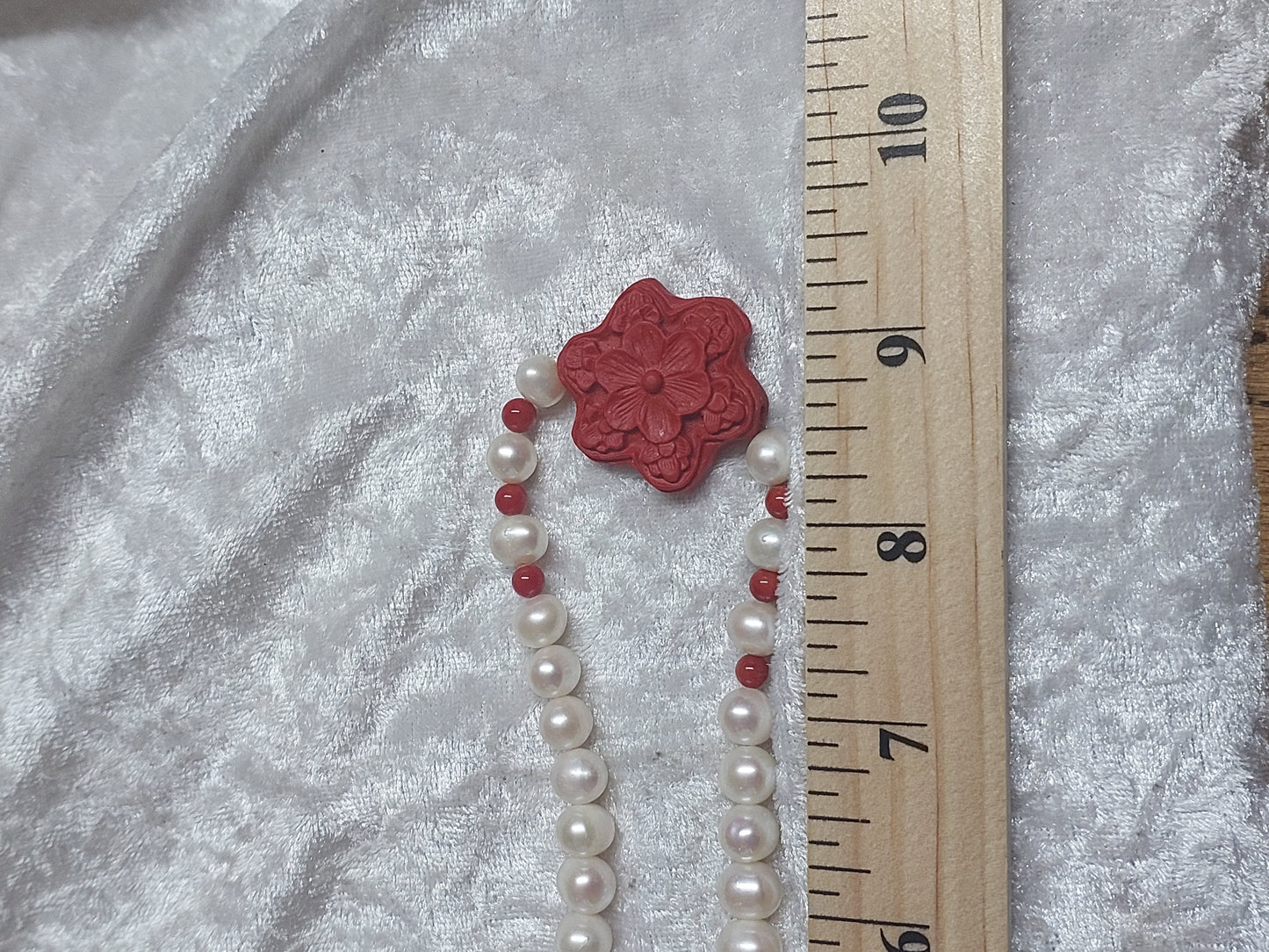 Vintage Freshwater Pearl Necklace with Carved Red Floral Centre | Magnetic Clasp